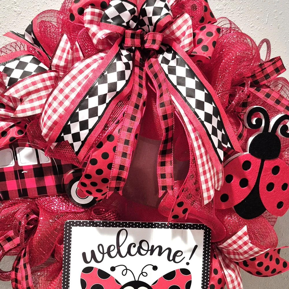 Wreath Welcome Ladybug love bug car black red polkadots buffalo checker Summer